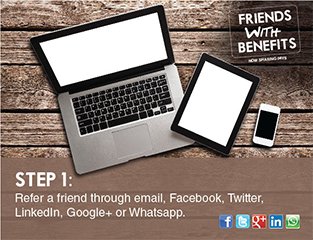 Refer your friends through Email, Facebook, Twitter, Google+, and LinkedIn